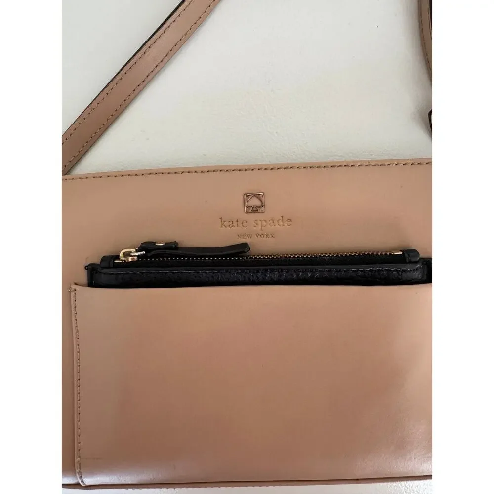 Kate Spade Beige Black Hadley Street Adelia 100% LEATHER Crossbody Messenger Bag